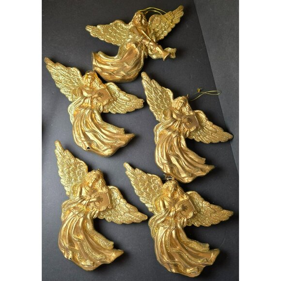 Set Of 5 Gold Angel Ornaments Large Vintage Holiday Hanging Decorations Glitter - Picture 2 of 8